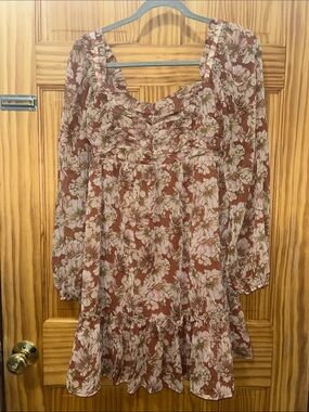 Floral Long-Sleeve Ruffle Tunic Dress in Dusty Rose